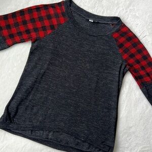 THML gray and buffalo plaid detail top